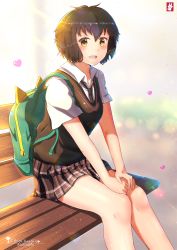Rule 34 | 1girl, artist name, backpack, bad id, bad pixiv id, bag, black hair, blush, brown eyes, chinchongcha, hair between eyes, heart, highres, looking at viewer, marvel, necktie, open mouth, peni parker, pleated skirt, school uniform, short hair, simple background, sitting, skirt, solo, spider-man: into the spider-verse, spider-man (series), spider-verse
