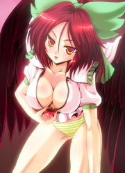 Rule 34 | 1girl, bow, breasts, cleavage, downblouse, frills, hair bow, highres, kamishima kanon, large breasts, leaning forward, long hair, open mouth, panties, red hair, reiuji utsuho, ribbon, striped clothes, striped panties, touhou, underwear, wings, yellow eyes