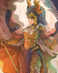 Rule 34 | 1girl, antlers, armor, breastplate, breasts, bright pupils, brown background, cape, cleavage, closed mouth, colored sclera, colored skin, cowboy shot, cyany, feathered wings, gauntlets, grey skin, grey wings, hands up, highres, holding, holding staff, horns, imuthar (cyany), light smile, looking at viewer, medium breasts, monster girl, orange cape, orange eyes, orange gemstone, original, pauldrons, pelvic curtain, poleyn, shoulder armor, side slit, solo, staff, veil, white pupils, wings, yellow sclera