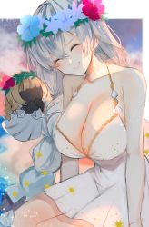 Rule 34 | 1girl, absurdres, anastasia (fate), anastasia (swimsuit archer) (fate), anastasia (swimsuit archer) (second ascension) (fate), bad id, bad pixiv id, bare shoulders, blush, braid, breasts, cleavage, closed eyes, collarbone, doll, dress, dress swimsuit, fate/grand order, fate (series), flower wreath, grin, hair over one eye, head wreath, highres, large breasts, long hair, open mouth, revision, silver hair, sky, smile, thighs, tsumuko, twin braids, very long hair, viy (fate), white dress