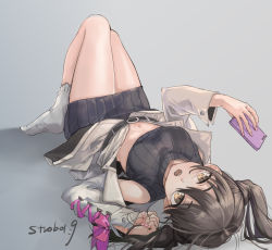 Rule 34 | 1girl, :o, artist name, bare legs, bare shoulders, belt, black skirt, black sweater, breasts, brown eyes, brown hair, cellphone, commentary request, crop top, grey background, grey jacket, hair between eyes, hand up, highres, holding, holding phone, idolmaster, idolmaster cinderella girls, jacket, knees up, long hair, long sleeves, looking at viewer, lying, medium breasts, midriff, miniskirt, nail polish, navel, no shoes, off shoulder, on back, open clothes, open jacket, open mouth, phone, pink nails, ribbed sweater, sharp teeth, sidelocks, simple background, skirt, sleeveless, sleeves past wrists, smartphone, socks, solo, stomach, strobo19, sunazuka akira, sweater, teeth, thighs, twintails, white socks