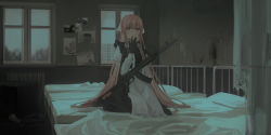 Rule 34 | 1girl, apron, bed, black dress, black gloves, bow, brown eyes, chihuri, commentary request, dress, ear piercing, frilled apron, frills, gloves, gun, hair between eyes, hair ribbon, hand to own mouth, hand up, highres, indoors, juliet sleeves, long hair, long sleeves, looking at viewer, on bed, original, parted lips, piercing, pink hair, puffy sleeves, ribbon, shirt, sleeveless, sleeveless dress, smile, solo, very long hair, waist apron, weapon, weapon request, white apron, white bow, white ribbon, white shirt, window, yana (chihuri)