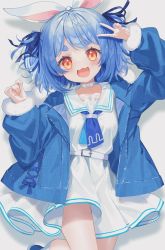 Rule 34 | 1girl, :3, absurdres, alternate hairstyle, animal ears, bare legs, belt, belt buckle, blue hair, blue jacket, blue neckerchief, blue ribbon, bob cut, buckle, collar, commentary, drop shadow, english commentary, eyelashes, feet out of frame, fuinagi (huyuu mm), fur-trimmed jacket, fur trim, hair ribbon, highres, hololive, jacket, long sleeves, looking at viewer, neckerchief, open mouth, rabbit ears, red eyes, ribbon, shirt, short hair, simple background, skirt, smile, solo, thick eyebrows, two side up, usada pekora, usada pekora (casual), v, virtual youtuber, white background, white belt, white collar, white shirt, white skirt