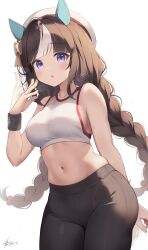 Rule 34 | 1girl, :o, absurdres, animal ears, bare arms, bare shoulders, beret, black pants, blunt bangs, breasts, brown hair, commentary request, cowboy shot, crop top, hand up, hat, hazuki lime, highres, hokko tarumae (umamusume), horse ears, large breasts, leggings, long braid, long hair, looking at viewer, midriff, navel, pants, parted lips, purple eyes, revision, simple background, skindentation, solo, sports bra, standing, stomach, thighs, umamusume, very long hair, white background, white hat, wristband