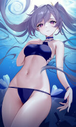 Rule 34 | 1girl, air bubble, bikini, blue bikini, breasts, bubble, choker, commentary request, double bun, genshin impact, hair bun, hand on own chest, highres, keqing (genshin impact), looking at viewer, looking back, medium breasts, navel, ocean, parted lips, solo, stomach, swimsuit, twintails, tyenka7728, underwater