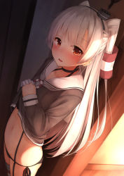 Rule 34 | 10s, 1girl, amatsukaze (kancolle), ass, black panties, blush, brown eyes, choker, clothes lift, dress, dress lift, fang, from side, garter straps, gloves, hair tubes, heart, heart-shaped pupils, highres, kantai collection, long hair, looking at viewer, navel, no pants, open mouth, panties, red thighhighs, rerrere, sailor collar, sailor dress, side-tie panties, silver hair, single glove, solo, striped clothes, striped thighhighs, symbol-shaped pupils, thighhighs, two side up, underwear, white gloves
