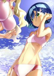 Rule 34 | 10s, 2girls, adjusting hair, arm at side, bad id, bad pixiv id, bikini, blonde hair, blue hair, blue sky, blush, breast envy, breasts, cleavage, closed mouth, cloud, cloudy sky, commentary request, darling in the franxx, day, flat chest, green eyes, hair ornament, hairclip, hand up, head out of frame, ichigo (darling in the franxx), kokoro (darling in the franxx), long hair, manatsu natsuka, medium breasts, multiple girls, navel, ocean, pink bikini, short hair, sky, solo focus, stomach, swimsuit, water