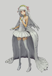 Rule 34 | 152 in can, 1girl, absurdres, altera (fate), altera larva (fate), alternate costume, bare shoulders, bridal veil, closed mouth, collarbone, commentary request, dark-skinned female, dark skin, dress, fate/extella, fate/extra, fate/grand order, fate (series), flat chest, full body, gloves, grey background, grey hair, hand on own chest, highres, long hair, looking at viewer, partial commentary, red eyes, shoes, short hair, solo, strapless, strapless dress, thighhighs, veil, white dress, white footwear, white gloves, white thighhighs
