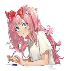 Rule 34 | 1girl, absurdres, agnes digital (umamusume), animal ears, artist logo, artist name, bags under eyes, bandaid, bandaid on face, blue eyes, bow, cropped torso, eraser, hair bow, highres, holding, holding pencil, horse ears, long hair, looking at viewer, mechanical pencil, messy hair, open mouth, pencil, pink hair, shirt, short sleeves, simple background, solo, sweat, nervous sweating, t-shirt, textless version, trembling, two side up, umamusume, upper body, white background, white shirt, yanyo (ogino atsuki)