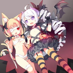 Rule 34 | &gt;:d, 2girls, :d, animal ears, bandage over one eye, bandages, black panties, blonde hair, blush, bow, breasts, cape, cat ears, cat tail, chestnut mouth, claw pose, detached sleeves, detached wings, fang, flat chest, garter straps, hair bow, halloween, highres, horns, jack-o&#039;-lantern, long hair, looking at viewer, mofetousu furuna, multiple girls, multiple tails, naked bandage, navel, open mouth, original, panties, pantyshot, petticoat, pointy ears, puffy detached sleeves, puffy sleeves, purple eyes, purple hair, red eyes, ribbon, saru, skirt, slit pupils, smile, striped clothes, striped legwear, striped thighhighs, tail, tail ornament, tail ribbon, thighhighs, twintails, underwear, upskirt, v-shaped eyebrows, vivi (saru), wings