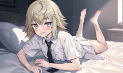 Rule 34 | 1girl, absurdres, arm support, barefoot, bed, black necktie, blonde hair, blue eyes, blush, commentary, commission, crossed bangs, feet, full body, girls&#039; frontline, grin, hair between eyes, hair ornament, hairclip, hhsan, highres, indoors, legs, light rays, long hair, looking at viewer, lying, mp41 (girls&#039; frontline), necktie, on bed, on stomach, picture frame, pillow, pixiv commission, shirt, skirt, smile, soles, solo, the pose, toes, white shirt, white skirt