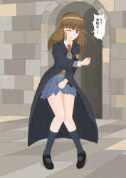 Rule 34 | 1girl, artist request, black footwear, black socks, blue skirt, blush, breasts, brown eyes, brown hair, clenched teeth, cloak, dress, full body, grey jumper, harry potter (series), have to pee, hermione granger, highres, indoors, kneehighs, knees together feet apart, long hair, long sleeves, matching hair/eyes, medium breasts, necktie, one eye closed, pinafore dress, pleated skirt, red necktie, shirt, shoes, skirt, sleeveless dress, socks, solo, speech bubble, standing, teeth, text focus, translation request, trembling, wand, white shirt, wizarding world