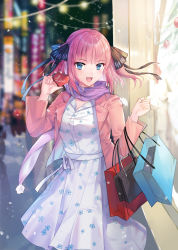 Rule 34 | 1girl, :d, absurdres, akitsuki (oenothera), bag, blue eyes, blunt bangs, blurry, blurry background, blush, butterfly hair ornament, city, commentary request, depth of field, dress, english text, feet out of frame, floral print, go-toubun no hanayome, hair ornament, heart, highres, holding, jacket, long sleeves, looking at viewer, nakano nino, night, open clothes, open jacket, open mouth, outdoors, pink hair, pink jacket, print dress, purple scarf, scarf, shopping bag, short hair, smile, solo, standing, storefront, two side up, white dress