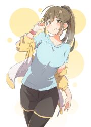Rule 34 | 1girl, ahoge, black pantyhose, black shorts, blue shirt, blush, breasts, brown hair, closed mouth, collarbone, cowboy shot, dot nose, eitopondo, gradient background, hair ornament, hair scrunchie, hand up, heavy breathing, highres, idolmaster, idolmaster shiny colors, jacket, kuwayama chiyuki, large breasts, long hair, long sleeves, looking at viewer, off shoulder, open clothes, open jacket, pantyhose, polka dot, polka dot background, ponytail, red wristband, scrunchie, shirt, short sleeves, shorts, smile, solo, sweat, track jacket, two-tone background, white background, wristband, yellow background, yellow jacket