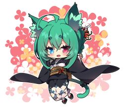 Rule 34 | 1girl, ahoge, animal ear fluff, animal ears, black footwear, black kimono, blue eyes, cat ears, cat girl, cat tail, commentary request, commission, copyright request, floral background, floral print, full body, green hair, heterochromia, highres, japanese clothes, kimono, long sleeves, milkpanda, obi, print kimono, red eyes, sandals, sash, short eyebrows, simple background, skeb commission, sleeves past wrists, socks, solo, tabi, tail, thick eyebrows, white background, white socks, wide sleeves, zouri