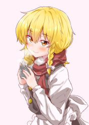 Rule 34 | 1girl, :t, apron, black vest, blonde hair, blush, braid, commentary request, eating, hair between eyes, highres, kirisame marisa, leaning forward, long hair, long sleeves, looking at viewer, mukkushi, newspaper, no headwear, no headwear, potato, red scarf, scarf, shirt, simple background, single braid, smile, solo, standing, steam, touhou, upper body, vest, waist apron, white background, white shirt, yellow eyes