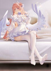 Rule 34 | 1girl, absurdres, angel wings, breasts, chinese commentary, collar, crossed legs, detached collar, detached sleeves, dorothy (nikke), dress, feet, frilled collar, frilled dress, frilled sleeves, frills, full body, goddess of victory: nikke, grin, hair bun, hair intakes, highres, large breasts, legs, lens flare, long hair, looking at viewer, no shoes, on bed, parted lips, pink hair, purple eyes, rainbow, revision, see-through, see-through sleeves, shitsurakuen (paradise lost), single side bun, sitting, smile, soles, solo, thighhighs, toes, very long hair, white dress, white thighhighs, wing hair ornament, wings