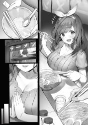 Rule 34 | +++, 1girl, :d, absurdres, blush, bow, bow hairband, breasts, choker, chopsticks, cleavage, commentary, english commentary, fingernails, food, glass, greyscale, hair bow, hairband, highres, holding, holding chopsticks, idolmaster, idolmaster shiny colors, kotoribako, large breasts, long hair, looking at viewer, monochrome, noodles, open mouth, own hands together, palms together, puffy short sleeves, puffy sleeves, ramen, restaurant, shirt, short sleeves, smile, solo focus, tsukioka kogane