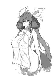 Rule 34 | 1girl, bare shoulders, blush, breasts, collarbone, completely nude, dizzy (guilty gear), fuuma (bangolga1), groin, guilty gear, hair between eyes, hair ribbon, hair rings, hand on own chest, heart, highres, large breasts, looking at viewer, mature female, monochrome, monster girl, navel, nipples, nude, partially submerged, ribbon, see-through, see-through towel, sidelocks, solo, spoken heart, standing, tail, thighs, towel, twintails, wading, water