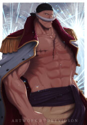 Rule 34 | 1boy, abs, artist name, bandana, bare pectorals, black bandana, closed mouth, coat, coat on shoulders, collarbone, commentary, deyvidson, edward newgate, english commentary, english text, epaulettes, facial hair, highres, long mustache, male focus, muscular, muscular male, mustache, one piece, open clothes, open coat, pectorals, scar, scar on chest, solo, topless male