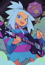 Rule 34 | 1girl, absurdres, bacun, blue eyes, creatures (company), fang, game freak, gen 1 pokemon, highres, holding, holding instrument, holding plectrum, instrument, koffing, long sleeves, looking at viewer, medium hair, nintendo, open mouth, plectrum, pokemon, pokemon (creature), pokemon bw2, roxie (pokemon), smile, white hair