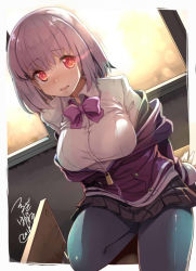 Rule 34 | 10s, 1girl, black skirt, blue pantyhose, bow, bowtie, breasts, commentary request, glowing, glowing eyes, gridman universe, indoors, large breasts, light purple hair, looking at viewer, pantyhose, purple bow, purple bowtie, red eyes, shinjou akane, shirt, short hair, signature, sitting, skirt, solo, ssss.gridman, tsurugi hagane, white shirt