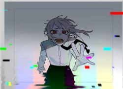 Rule 34 | 1girl, bad id, bad twitter id, black necktie, brown hair, chromatic aberration, dot nose, eyes visible through hair, fingernails, glitch, looking at viewer, lower teeth only, medium hair, necktie, open hands, open mouth, original, reaching, reaching towards viewer, red eyes, solo, teeth, tongue, tsu (lovesick1964), wind