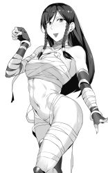 Rule 34 | 1girl, abs, alternate hairstyle, bandages, blush, bracelet, braid, breasts, bun cover, capcom, chun-li, clenched hand, commentary request, commission, cosplay, double bun, elbow gloves, fingerless gloves, gloves, greyscale, groin, hair bun, hair down, highres, hip focus, jewelry, large breasts, long hair, looking at viewer, menat, menat (cosplay), messatsu tan, midriff, monochrome, muscular, muscular female, navel, open mouth, paw pose, pixiv commission, sarashi, side braid, simple background, smile, solo, standing, street fighter, street fighter v, thick thighs, thighhighs, thighs, twin braids, white background