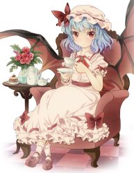 Rule 34 | 1girl, ascot, bad id, bad pixiv id, bat wings, blue hair, brooch, cake, chair, cup, dress, female focus, flower, food, hat, hat ribbon, jewelry, looking at viewer, pink dress, puffy sleeves, ratryu, red eyes, red flower, red rose, remilia scarlet, ribbon, rose, sash, short sleeves, sitting, smile, solo, table, teacup, teapot, tile floor, tiles, touhou, vase, wings, wrist cuffs