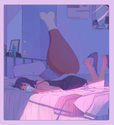 Rule 34 | 1girl, bare arms, blue eyes, blue hair, blue socks, border, cellphone, chicken leg, chinese commentary, commentary request, covered mouth, dress, dress shirt, feet up, from side, holding, holding phone, indoors, kneehighs, lying, medium hair, morncolour, nightgown, note, on bed, on stomach, original, phone, photo (object), pillow, pleated skirt, poster (object), room, screen light, shade, shirt, skirt, smartphone, sock dangle, socks, soles, solo, spam (food), themed object, unworn shirt, unworn skirt