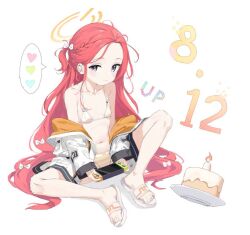 Rule 34 | 1girl, 2t (vmyz7342), bare shoulders, bikini, blue archive, collarbone, halo, long hair, looking at viewer, micro bikini, open clothes, red hair, simple background, sitting, swimsuit, underwear, white background, yellow halo, yuzu (blue archive)