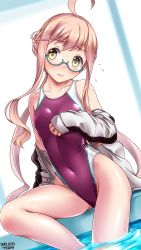 Rule 34 | 1girl, ahoge, alternate costume, bare legs, bare shoulders, blush, breasts, collarbone, commentary request, competition swimsuit, covered navel, flying sweatdrops, glasses, highleg, highres, jacket, kantai collection, legs, long hair, long sleeves, looking at viewer, makigumo (kancolle), off shoulder, one-piece swimsuit, pink hair, poolside, semi-rimless eyewear, sidelocks, skindentation, small breasts, soaking feet, solo, swimsuit, tsuchimiya, under-rim eyewear, very long hair, water, wet, yellow eyes