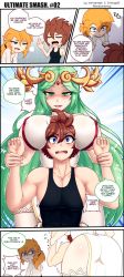 Rule 34 | 1girl, 2boys, arm grab, ass, between breasts, blonde hair, blue eyes, blush, breast rest, breasts, breasts on head, brown hair, comic, crossover, curvy, english text, green eyes, green hair, head between breasts, highres, karmanseph, kid icarus, large breasts, link, long hair, multiple boys, nintendo, palutena, pit (kid icarus), short hair, size difference, smile, speech bubble, star-shaped pupils, star (symbol), super smash bros., symbol-shaped pupils, the legend of zelda, the legend of zelda: breath of the wild, thighhighs, thighs, view between breasts