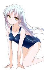 Rule 34 | 1girl, all fours, angel beats!, bare arms, blue one-piece swimsuit, breasts, closed mouth, collarbone, commentary request, covered navel, expressionless, feet out of frame, groin, hair between eyes, long hair, looking at viewer, one-piece swimsuit, school swimsuit, simple background, sketch, small breasts, solo, straight hair, swimsuit, tachibana kanade, thighs, white background, white hair, yellow eyes, yoanium