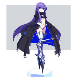 Rule 34 | &gt;:), 1girl, blue eyes, blue hair, breasts, buckle, chan co, closed mouth, crotch plate, fate/extra, fate/extra ccc, fate (series), full body, grey background, high collar, long hair, long sleeves, meltryllis (fate), navel, prosthesis, prosthetic leg, revealing clothes, shrug (clothing), single sidelock, sleeves past fingers, sleeves past wrists, small breasts, smile, smug, solo, spikes, standing, straight hair, two-tone background, underboob, v-shaped eyebrows, very long hair, waist cape