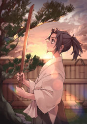 Rule 34 | 1boy, absurdres, aged down, bad id, bad pixiv id, black hair, bokken, bruise, bruise on face, child, cloud, cowboy shot, day, fence, from side, hakama, highres, holding, holding sword, holding weapon, injury, japanese clothes, kimetsu no yaiba, long sleeves, male focus, outdoors, ponytail, profile, red eyes, sky, smile, solo, sun, sword, tree, tsugikuni michikatsu, weapon, wide sleeves, wooden sword, yogukasu