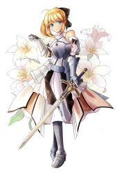 Rule 34 | 1girl, ahoge, armor, armored dress, artoria pendragon (fate), blonde hair, bow, breastplate, caliburn (fate), detached sleeves, fate/unlimited codes, fate (series), flower, gauntlets, greaves, green eyes, hair bow, lily (flower), rain (nadroj31), saber (fate), saber lily, solo, sword, weapon
