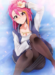 Rule 34 | 10s, 1girl, ass, blonde hair, breasts, character name, cleavage, cursive, highres, idolmaster, idolmaster million live!, jewelry, kaiga, letterman jacket, long hair, lying, maihama ayumu, multicolored hair, necklace, on back, pantyhose, petals, pink hair, red eyes, skirt, smile, solo