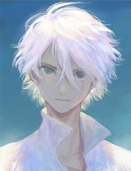 Rule 34 | 1boy, blue background, blue eyes, closed mouth, fujie-yz, hair between eyes, high collar, highres, looking at viewer, male focus, octopath traveler, octopath traveler i, portrait, scar, scar across eye, scar on face, shirt, simple background, solo, therion (octopath traveler), white hair, white shirt