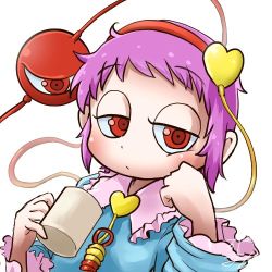 Rule 34 | 1girl, profile picture, blouse, blush, chamaji, clenched hand, close-up, coffee mug, commentary request, cup, frills, hand on own cheek, hand on own face, headband, heart, holding, holding cup, jitome, komeiji satori, long sleeves, looking at viewer, lowres, mug, partial commentary, pink hair, raised eyebrows, red eyes, shirt, short hair, signature, simple background, solo, string, third eye, touhou, upper body, white background, wide sleeves