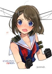 Rule 34 | !?, 10s, 1girl, black gloves, blue eyes, blush, breasts, brown hair, cleavage, clenched hands, collarbone, fang, gloves, hair ornament, hairclip, headgear, hita (hitapita), kantai collection, machinery, maya (kancolle), open mouth, school uniform, serafuku, short hair, sleeveless, translation request, twitter username, untied, upper body