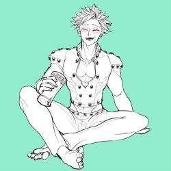Rule 34 | 10s, 1boy, ban (nanatsu no taizai), blush, closed eyes, drinking, happy, jacket, leather, leather jacket, leather pants, male focus, nanatsu no taizai, nine 9, open mouth, pants, scar, short hair, simple background, sitting, solo, spiked hair