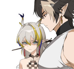Rule 34 | 1boy, 1girl, arknights, bare shoulders, black hair, blonde hair, blue eyes, blue hair, breast envy, brother and sister, brown hair, chong yue (arknights), closed mouth, collarbone, dragon horns, earrings, from side, girl staring at guy&#039;s chest (meme), grey hair, highres, horns, jason kim, jewelry, meme, multicolored hair, necklace, pointy ears, profile, red eyes, shaded face, shirt, shu (arknights), siblings, simple background, sleeveless, sleeveless shirt, streaked hair, two-tone hair, v-shaped eyebrows, white background, white shirt