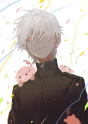 Rule 34 | 1boy, absurdres, albino, animal, animal on shoulder, backlighting, black track suit, commentary, confetti, earrings, facing viewer, highres, jacket, jewelry, kuzuha (nijisanji), long sleeves, looking to the side, male focus, nijisanji, pale skin, pig, red eyes, solo, streamers, track jacket, undersized animal, unti no azi, upper body, virtual youtuber, white background, white hair, zipper
