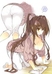 Rule 34 | 1girl, all fours, ass, blush, breasts, brown eyes, brown hair, capri pants, cleaning, cleavage, closed mouth, collarbone, flower, hair flower, hair intakes, hair ornament, hip focus, kantai collection, large breasts, long hair, musical note, pants, pink sweater, ponytail, ribbed sweater, shimeji (4 me ji), simple background, slippers, smile, solo, spoken musical note, sweater, thighs, towel, very long hair, white background, white pants, yamato (kancolle)