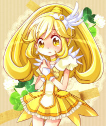 Rule 34 | 10s, 1girl, bad id, bad pixiv id, blonde hair, bow, clover, cure peace, earrings, eyelashes, hair flaps, hiyopuko, jewelry, kise yayoi, long hair, magical girl, precure, skirt, smile precure!, solo, wide ponytail, yellow bow, yellow eyes, yellow skirt, yellow theme