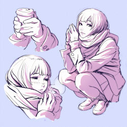 Rule 34 | 1girl, coffee cup, cup, disposable cup, highres, ilya kuvshinov, monochrome, original, scarf, short hair, simple background, solo