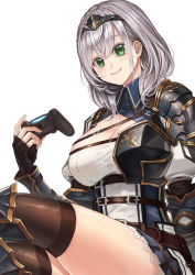 Rule 34 | 1girl, armor, armored boots, belt, black gloves, blue shirt, blue skirt, boots, breasts, brown thighhighs, cleavage, cleavage cutout, closed mouth, clothing cutout, collared shirt, commentary, fingerless gloves, gloves, green eyes, highres, hololive, knee boots, large breasts, looking at viewer, miniskirt, mole, mole on breast, neko61, playstation controller, shirogane noel, shirogane noel (1st costume), shirt, short hair, shoulder armor, silver hair, simple background, sitting, skirt, smile, solo, strap, thighhighs, thighs, tiara, vambraces, virtual youtuber, white background, wing collar