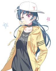 Rule 34 | 10s, 1girl, baseball cap, blue hair, blunt bangs, bubble, blowing bubbles, chewing gum, clothes writing, collar, collarbone, english text, eyebrows, free style (yohan1754), hair bun, hands in pockets, hat, highres, hood, hoodie, love live!, love live! school idol festival, love live! sunshine!!, one eye closed, open clothes, open hoodie, print hoodie, print shirt, purple eyes, shirt, side bun, single side bun, solo, standing, star (symbol), tsushima yoshiko, white background