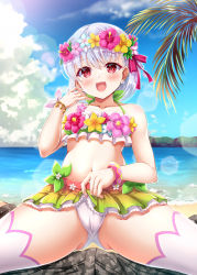 Rule 34 | 1boy, 1girl, absurdres, bare shoulders, beach, bikini, blue sky, blush, bracelet, breasts, cameltoe, collarbone, crotch, earrings, fate/grand order, fate (series), flower earrings, flower wreath, girl on top, gluteal fold, green bikini, hair ribbon, head wreath, highres, jewelry, kama (fate), kama (swimsuit avenger) (fate), kama (swimsuit avenger) (first ascension) (fate), looking at viewer, miniskirt, navel, open mouth, palm leaf, rainbow skirt, red eyes, ribbon, shore, short hair, sitting, sitting on person, skirt, sky, small breasts, smile, solo focus, swimsuit, thighhighs, thighs, tsukumokazuki, white hair, white thighhighs